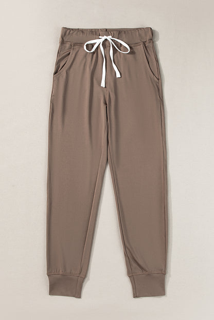 Dark Brown Drawstring Elastic Waistband Pocketed Joggers