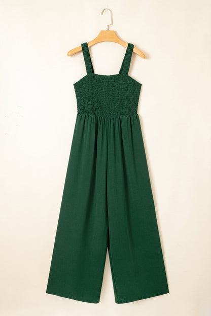 Green Smocked Sleeveless Wide Leg Jumpsuit with Pockets