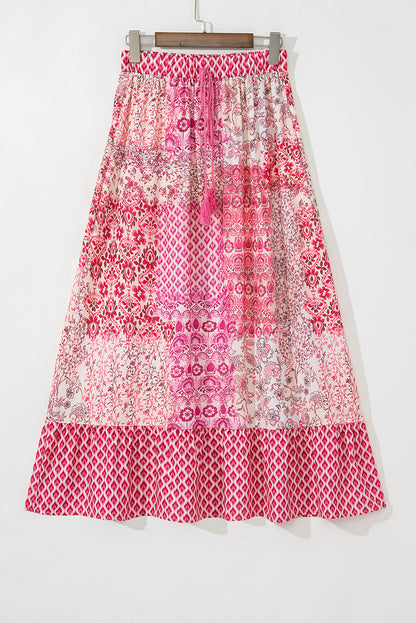 Red Boho Pattern Print Tassel Drawstring Elastic Waistband Maxi Skirt
