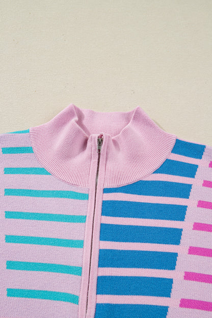 Sky Blue Stripe Colorblock Patchwork Plus Size Half Zip Sweater