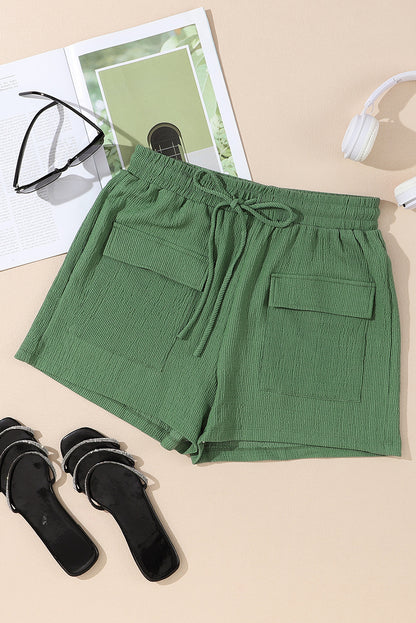 Green Flap Pocket Casual Drawstring Elastic Waistband Shorts