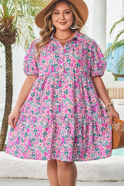 Pink Plus Size Floral Half Button Short Puff Sleeve A-line Dress