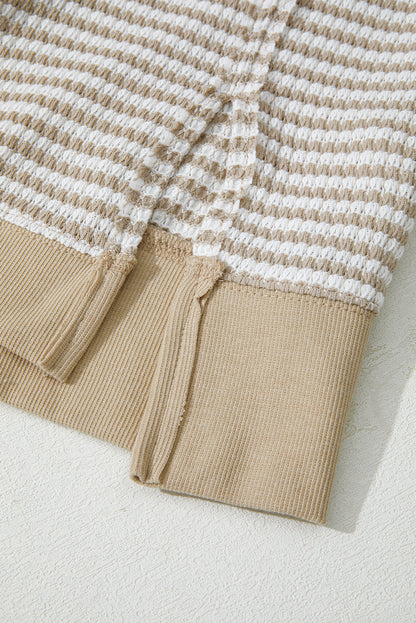 Brown Stripe Plus Size Breathable Knit Ribbed Trim Long Sleeve Top