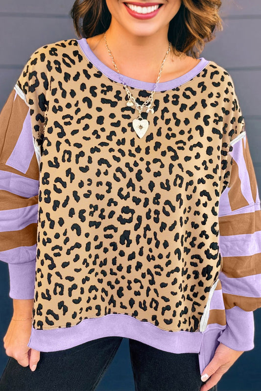 Purple Leopard Striped Patchwork Plus Size Loose Sweatshirt