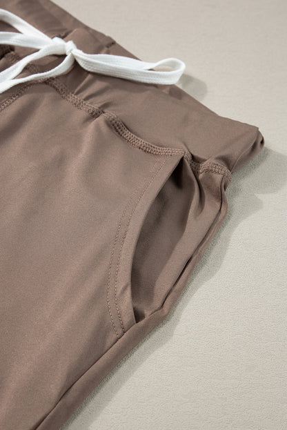 Dark Brown Drawstring Elastic Waistband Pocketed Joggers