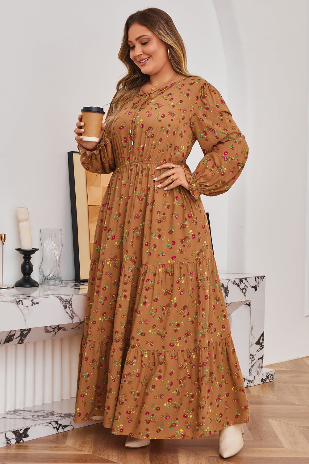 Brown Floral Tiered Maxi Dress with Split V-Neck