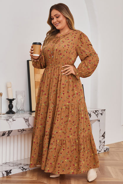 Brown Floral Tiered Maxi Dress with Split V-Neck