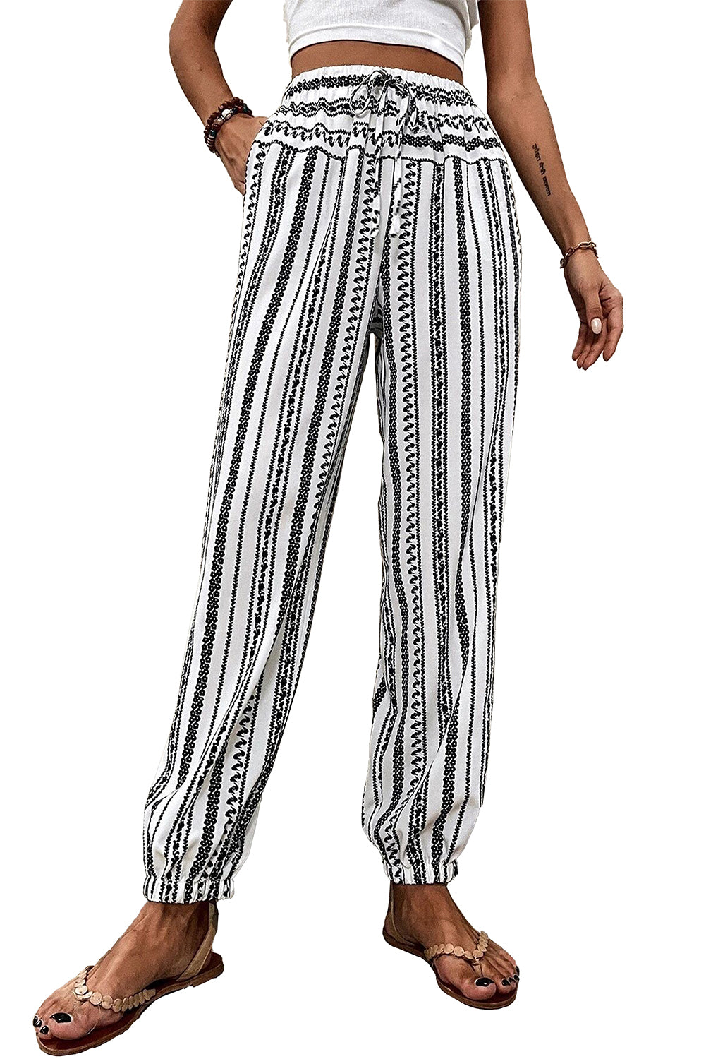 Black Stripe Boho Print Drawstring Elastic Waistband Casual Joggers