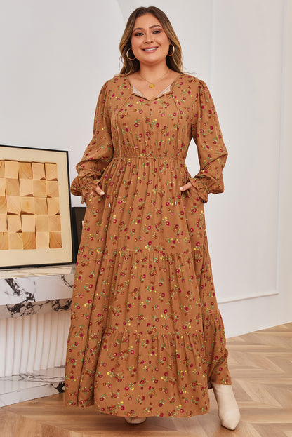 Brown Floral Tiered Maxi Dress with Split V-Neck