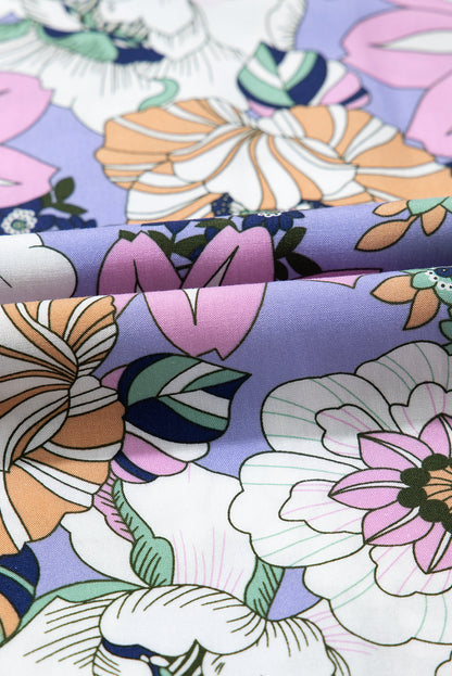 Purple Floral Print Smocked High Waist Square Neck Jumpsuit