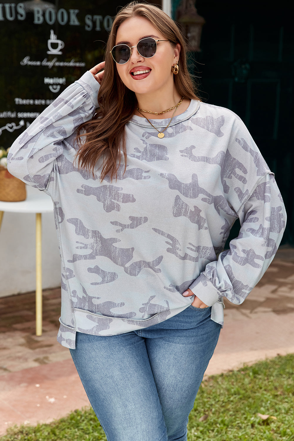 Multicolour Camouflage Print Round Neck Plus Size Sweatshirt