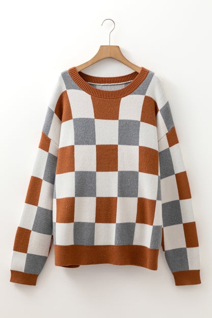Brown Plus Size Checkered Crewneck Sweater