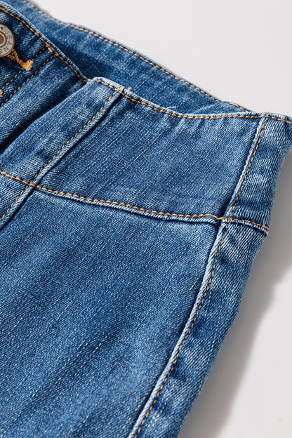 Sail Blue High Waist Button Fly Seamed Raw Hem Flare Jeans