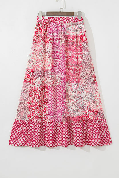 Red Boho Pattern Print Tassel Drawstring Elastic Waistband Maxi Skirt