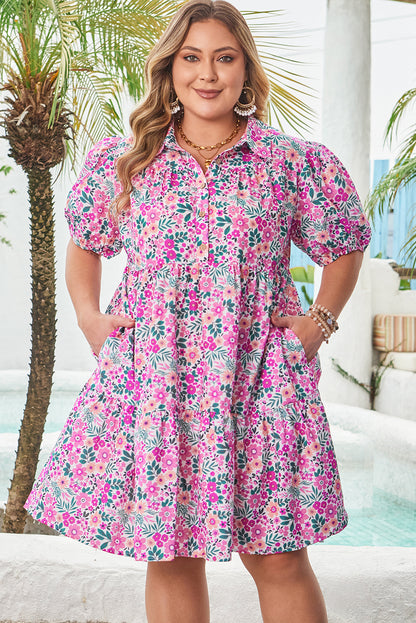 Pink Plus Size Floral Half Button Short Puff Sleeve A-line Dress