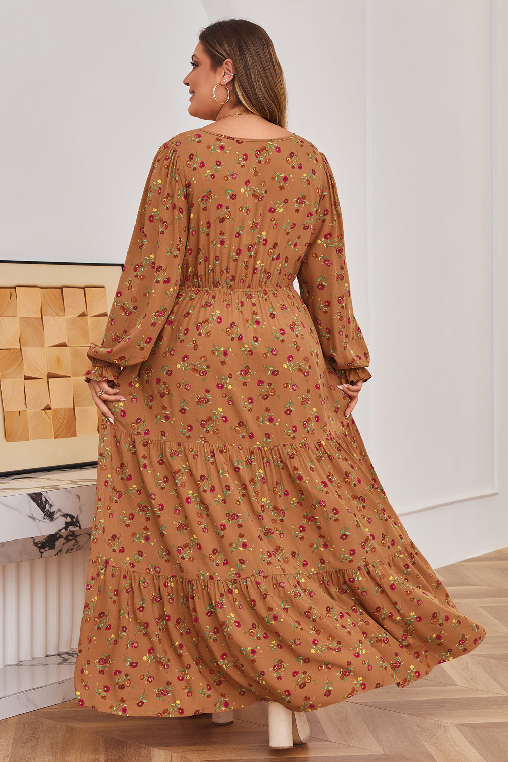 Brown Floral Tiered Maxi Dress with Split V-Neck