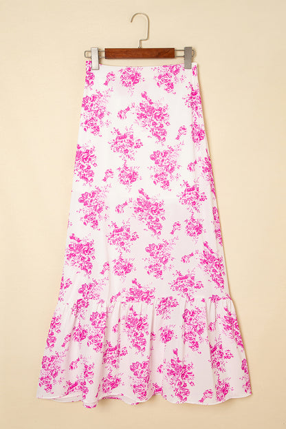 Rose Boho Floral High Waist Ruffle Split Maxi Skirt
