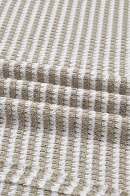 Brown Stripe Plus Size Breathable Knit Ribbed Trim Long Sleeve Top