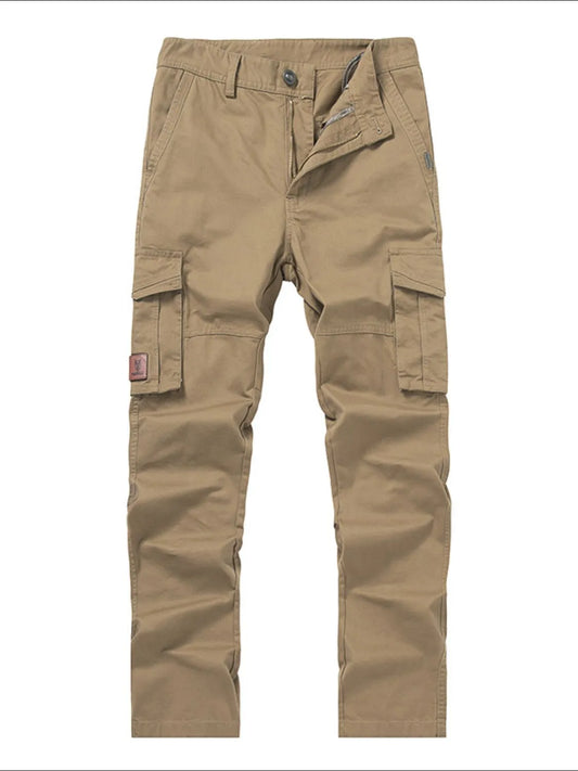 Tan cargo pants on a white background